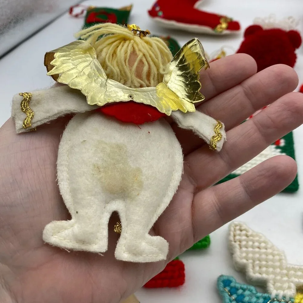 Vintage‎ Christmas handmade ornament lot felt cross stitch metal hand sewn